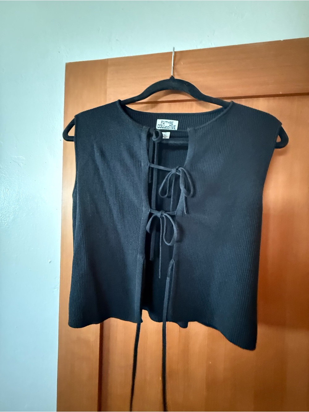 Future Collective Black Ribbed Tie-Front Tank